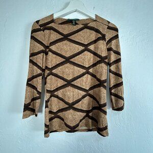 Lauren Ralph Lauren Petite Womens Geometric Print Knit Top PM Brown/Tan Stretch